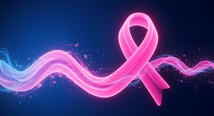 Fototapeta premium Glowing pink ribbon, breast cancer awareness, hope, support, health. Pink awareness ribbon.