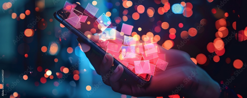 Poster businessman using smartphone with abstract holographic effect in close-up shot