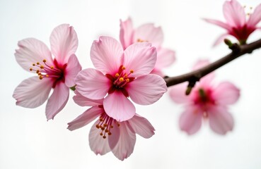Close-up view of delicate pink sakura blossoms. Springtime beauty. Nature gentle elegance. Blossoming flowers on branch against white background. Cherry blossom in bloom. Isolated on white. Floral