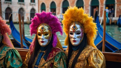 Gardinen Colorful carnival masks with feather decorations at a traditional festival in Italy. A bright and festive holiday in February in Venice © Анастасия Макевич