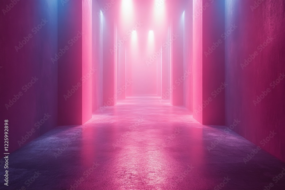 Poster vibrant hallway illuminated by colorful lights in a modern architectural setting
