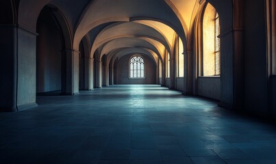Fototapeta premium Arched hallway with pillars and light windows.