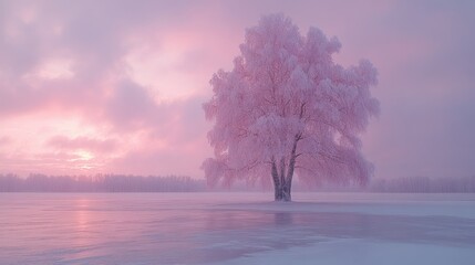 Enchanted Winter Sunrise: A Solitary Frost-Covered Tree