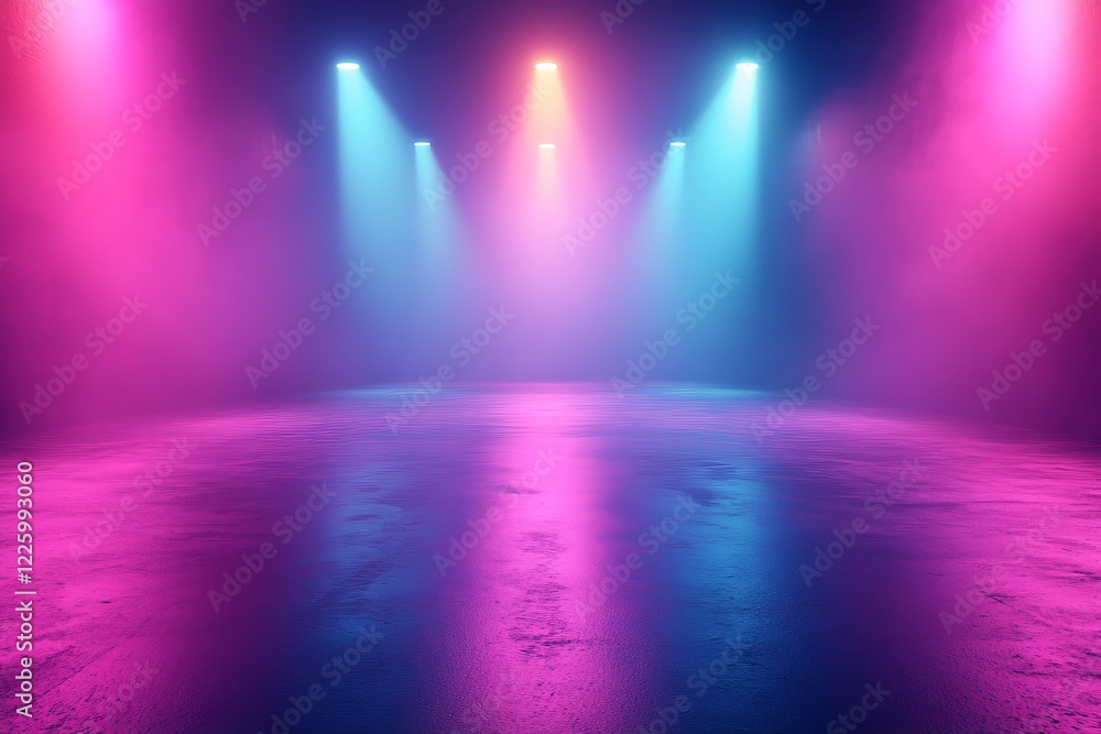 Aufkleber bright colored lights illuminate a dramatic stage with mist in an empty performance space during nig