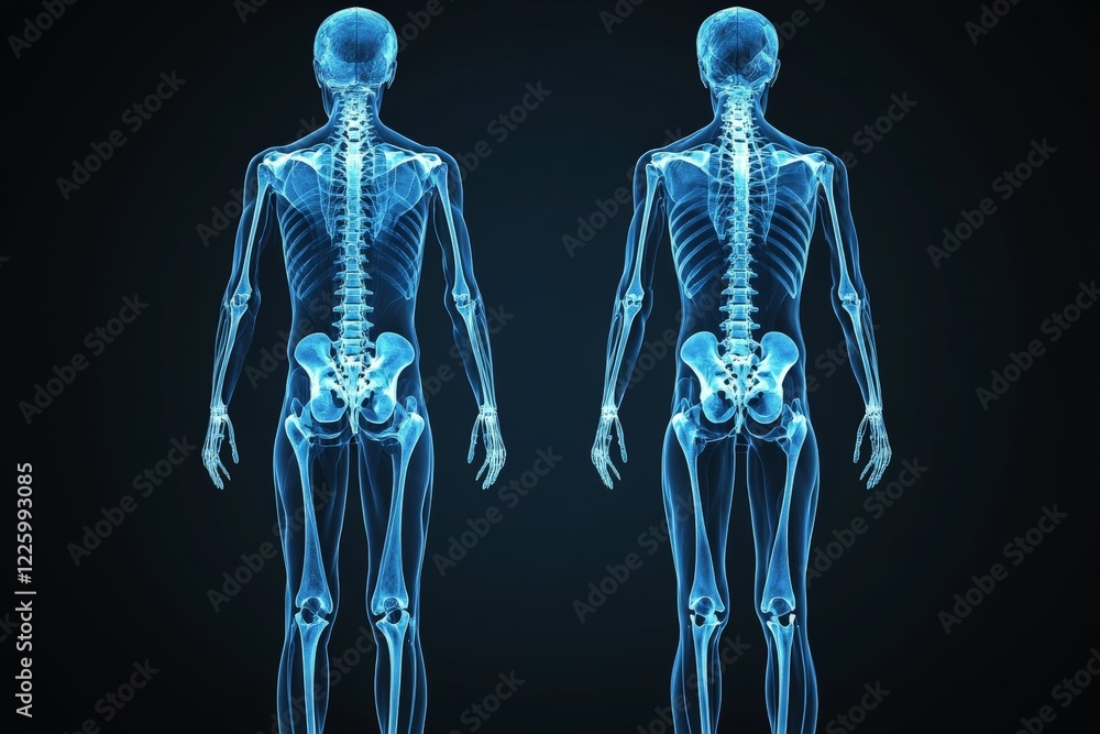 Poster x-ray representation of human skeleton showing front and back views in a scientific illustration