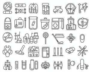 a collection of black medical ambulance and health insurance line icons