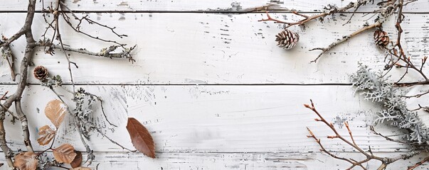 Rustic white wood background with natural winter or autumn decorations and space for text