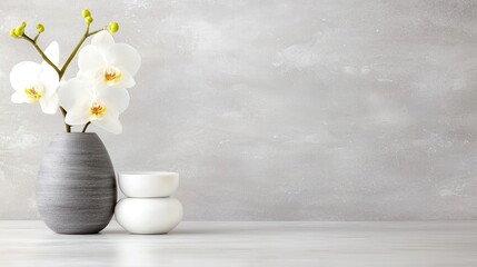 White orchids in gray vase, bowls, gray wall background; spa, serenity
