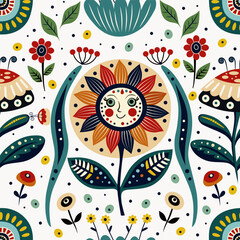 Bright flowers with ornament on white background. Seamless vector pattern