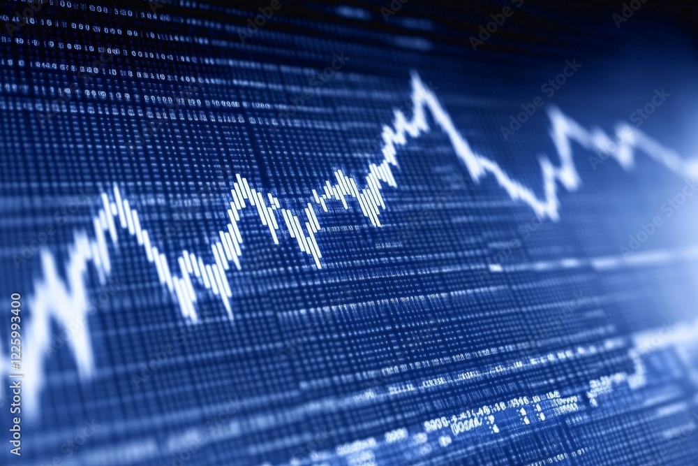 Poster financial market data visualized through a detailed stock price chart showing upward trends and fluc