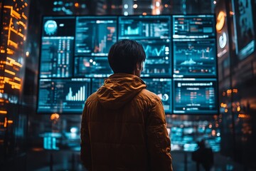 Individual observes financial data on a large screen in a vibrant city at night