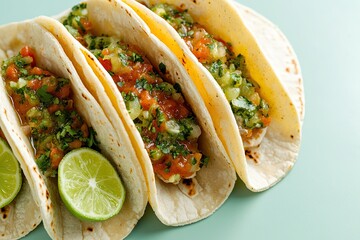 food photography of top-down view of freshly made street tacos with vibrant salsa verde and lime wedges illuminated