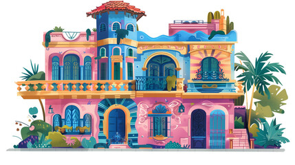 Naklejka premium Colorful Architectural Design of a Tropical Villa With Vibrant Details and Lush Greenery - Vintage Illustration, Isolated on White Transparent Background, PNG