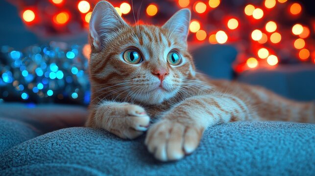 Adorable Ginger Cat with Festive Lights Background