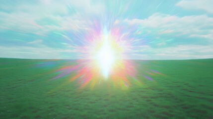 Fototapeta premium Vibrant Rainbow Burst Over Green Field Sunrise