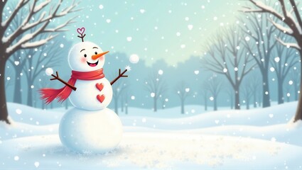Obraz premium A cheerful snowman wearing a red hat stands in a snowy landscape, surrounded by floating heart-shaped elements and snowflakes, creating a magical winter love scene. Generative, AI,