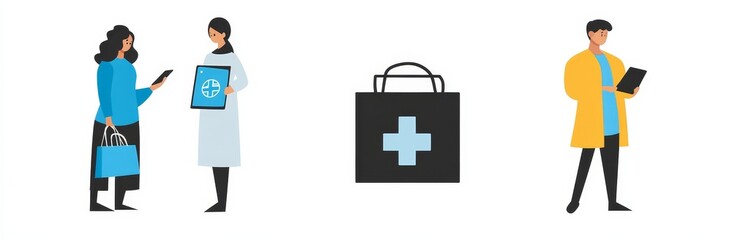Obraz premium Various medical services encompass online consultations with doctors, buying medication from a pharmacy, and using health insurance. It features a modern flat cartoon illustration and icon set