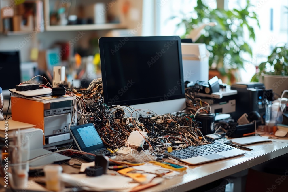 Poster creative chaos in a busy workspace filled with technology and cables during daylight