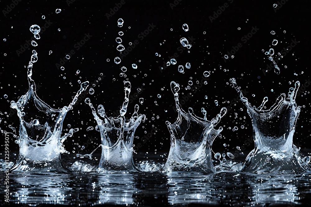Poster Water splashing on black background creating a crown shape with reflection