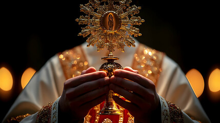 Priest holds monstrance, church candles, faith, worship, religious ceremony