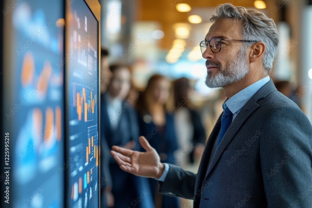 Leinwandbilder Business professional engages with digital display in modern corporate environment during a networking event