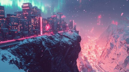 A futuristic city built on the edge of a massive snowy cliff, glowing neon buildings, aurora borealis lighting up the night sky, sci-fi aesthetic