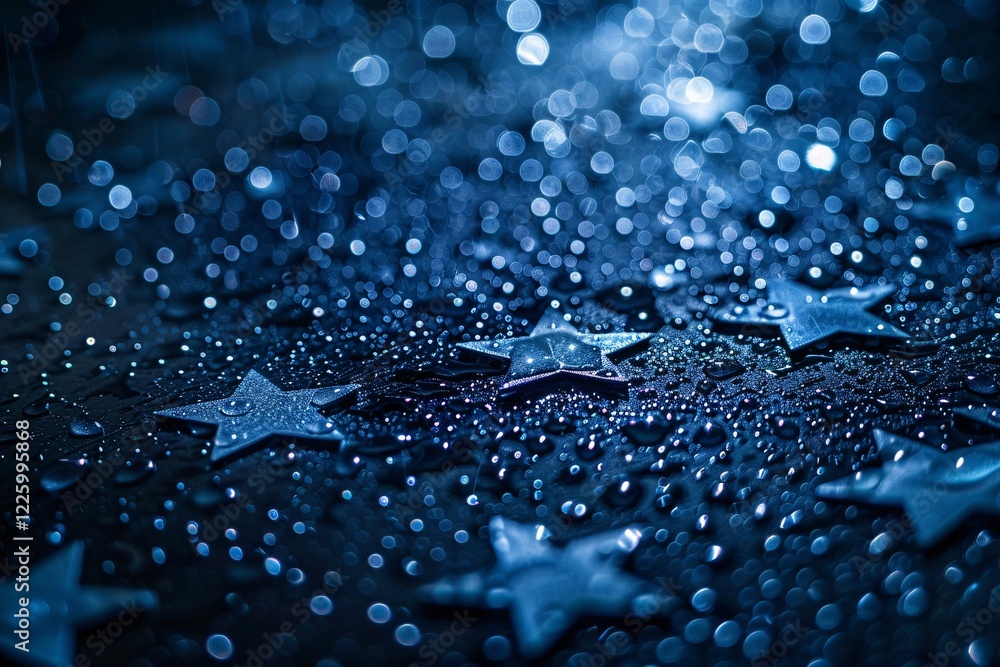 Poster Silver stars lying on a wet surface with bokeh lights background creating a magical and festive atmosphere