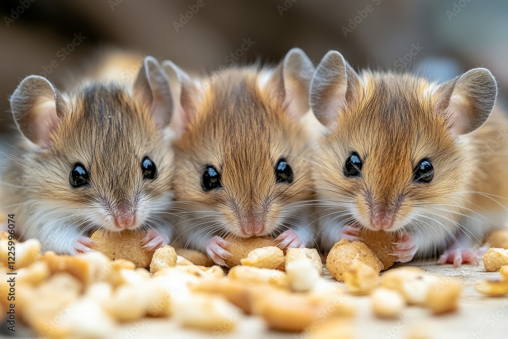 Poster cute mice enjoying snacks together in a forest setting during the day