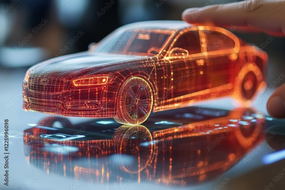 Aufkleber 3D holographic model of a car displayed on a sleek surface with a hand adjusting it in a modern setting