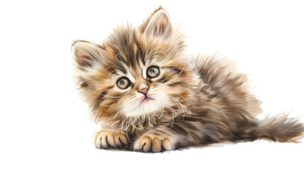 Cute Fluffy Kitten Resting and Looking Curiously at the Viewer in a Light Setting - Vintage Illustration, Isolated on White Transparent Background, PNG