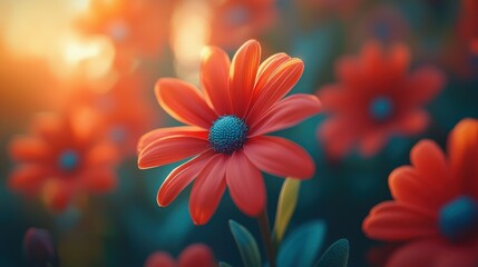 Fototapeta premium Sunset Red Flower Field Bloom, Nature Background, Card Design