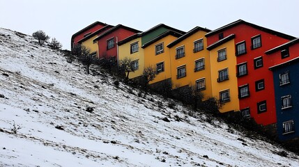 Naklejka premium Colorful Houses on Snowy Hillside Winter Scene