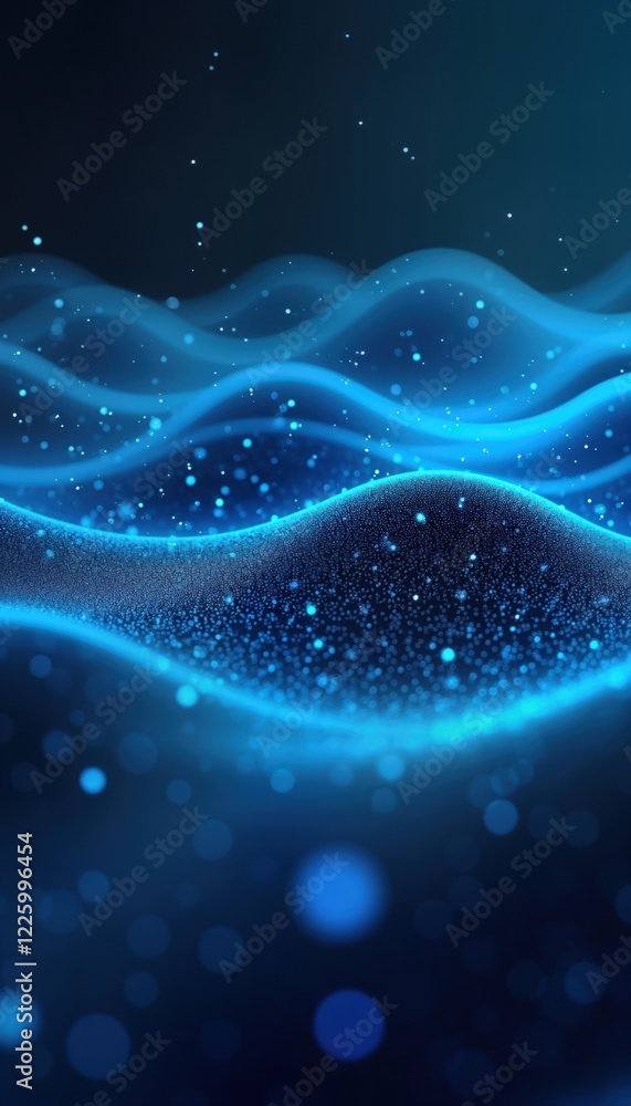 Fototapete Abstract blue waves with floating particles create fluid motion, tech design. Smooth flowing pattern with glowing lights. Dynamic background, serene, peaceful. Digital artwork concept for futuristic