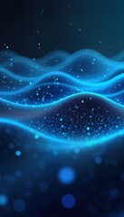 Abstract blue waves with floating particles create fluid motion, tech design. Smooth flowing pattern with glowing lights. Dynamic background, serene, peaceful. Digital artwork concept for futuristic