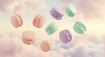 Obraz premium Delicate macarons floating gracefully in a sunlit atmosphere, creating a whimsical mood.