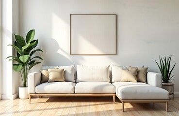 Modern minimalist living room with white walls hardwood floors. White sectional sofa with beige accent pillows. Large houseplant adds plants. Natural light streams in through window. Empty frame on