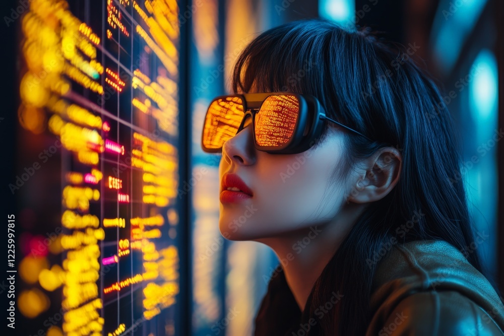 Poster woman exploring glowing digital displays in a high-tech urban environment during evening hours