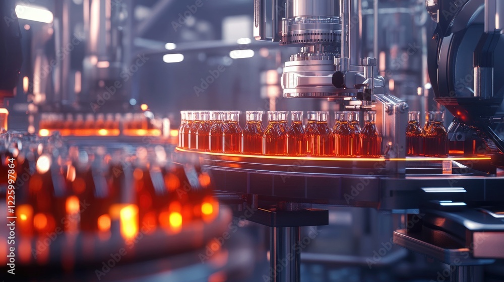 Poster an automated system filling bottles with liquid in a clean and brightly lit factory.