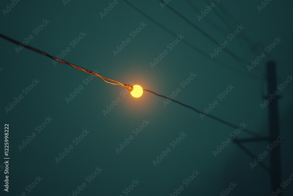Poster soft glow of vintage light bulb illuminating foggy evening streets with power lines in the backgroun