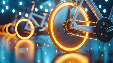 Spinning bikes in spotlight, gym interior, modern and clean aesthetic