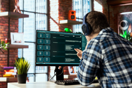 Person listening music uses large language model generative AI chatbot engaging in humanlike interactions. Man wearing headphones solves tasks with artificial intelligence LLM handling user requests