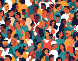 Colorful diverse people crowd abstract art seamless pattern. Multi-ethnic community, big cultural diversity group background illustration in modern collage painting style.