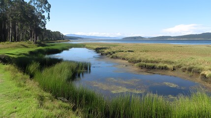 Fototapeta premium Serene Coastal Marsh Landscape with Lush Greenery and Calm Water