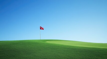 Obraz premium A golf flag waving gently on the green with a clear blue sky.