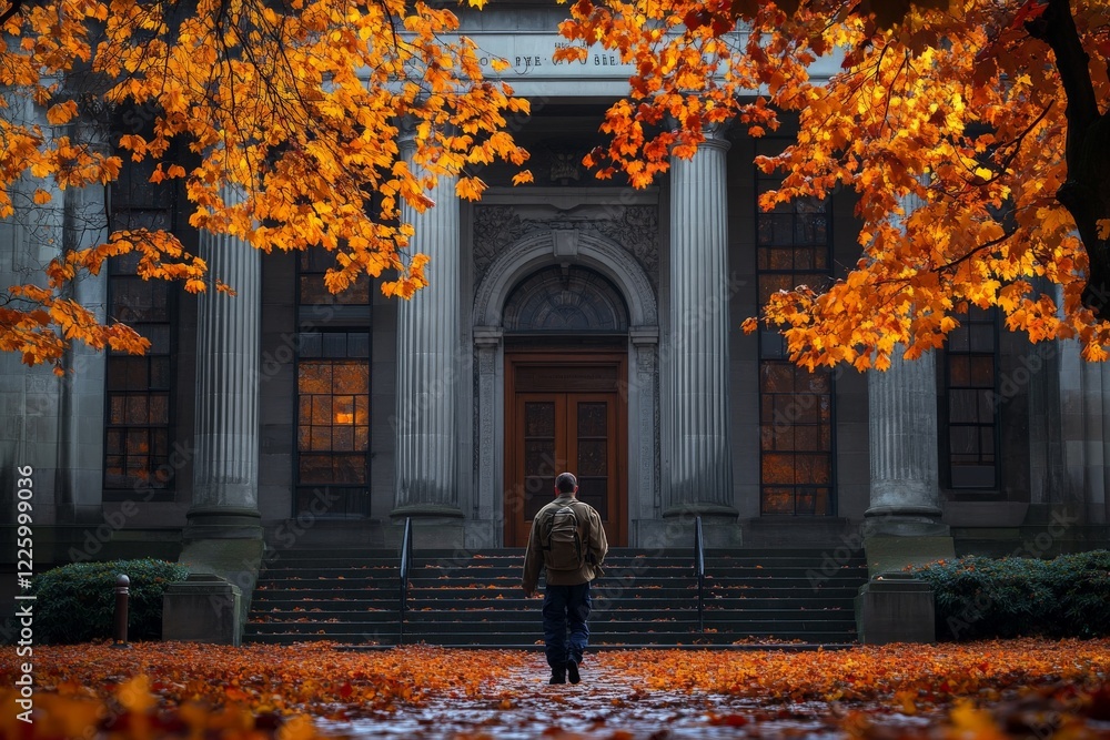 Poster man walks toward historic building surrounded by vibrant autumn foliage in a tranquil setting