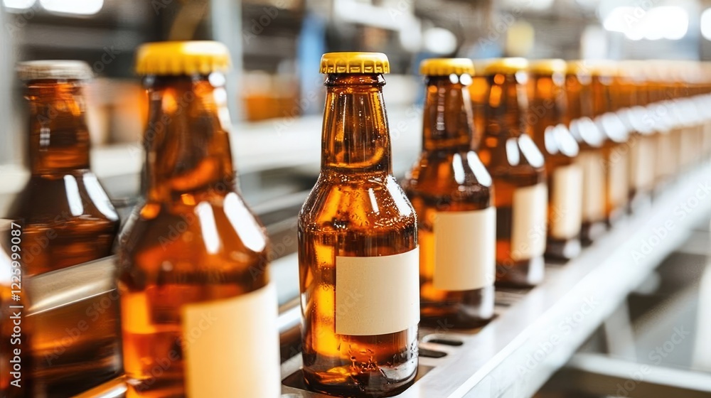 Poster a machine applying labels to bottles on an assembly line in a packaging facility.