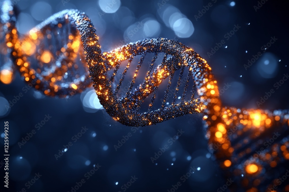 Aufkleber Artistic representation of a DNA double helix glowing in a dark environment with shimmering particles in the background