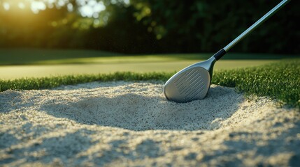 A professional-grade golf club leaning against a sand trap.