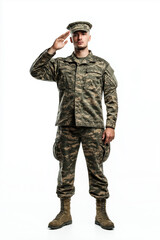 Fototapeta premium Soldier in full military uniform giving a salute, isolated on a white background with copy space on the right, soft studio lighting accentuating the uniform, Generative AI