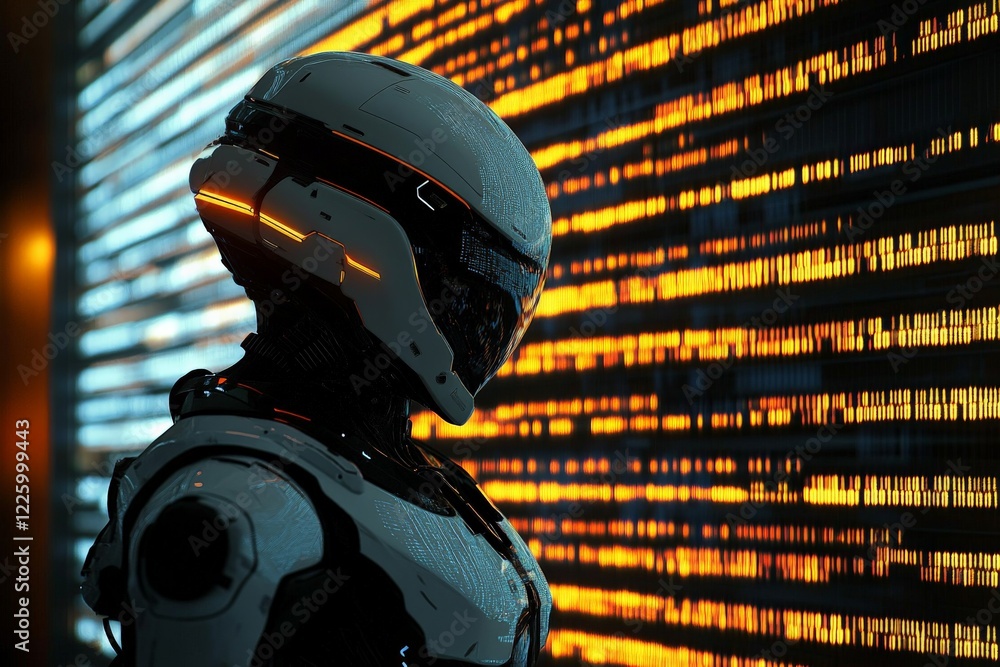 Poster futuristic robot stands against a glowing digital backdrop in a high-tech environment
